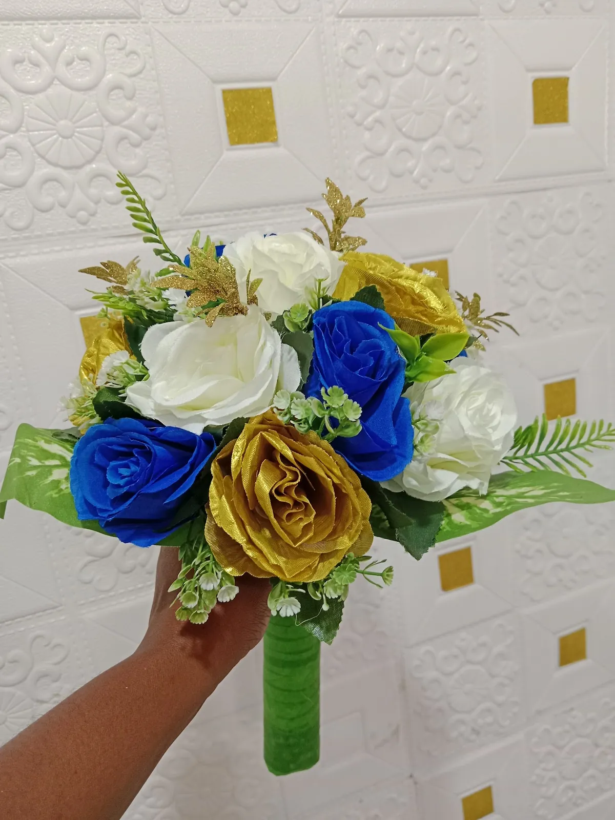 Royal blue, white and gold bouquet