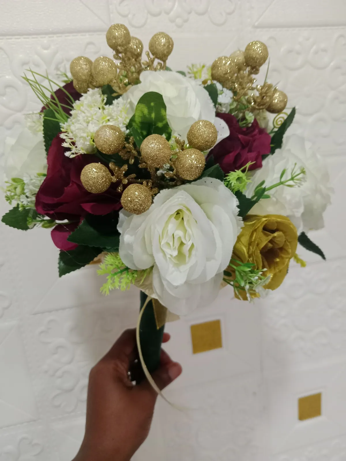 Burgundy, white and gold bouquet