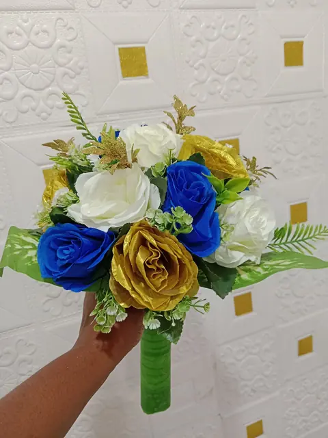 Royal blue, white and gold bouquet