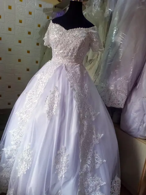 Lace ball gown with sheer sleeves